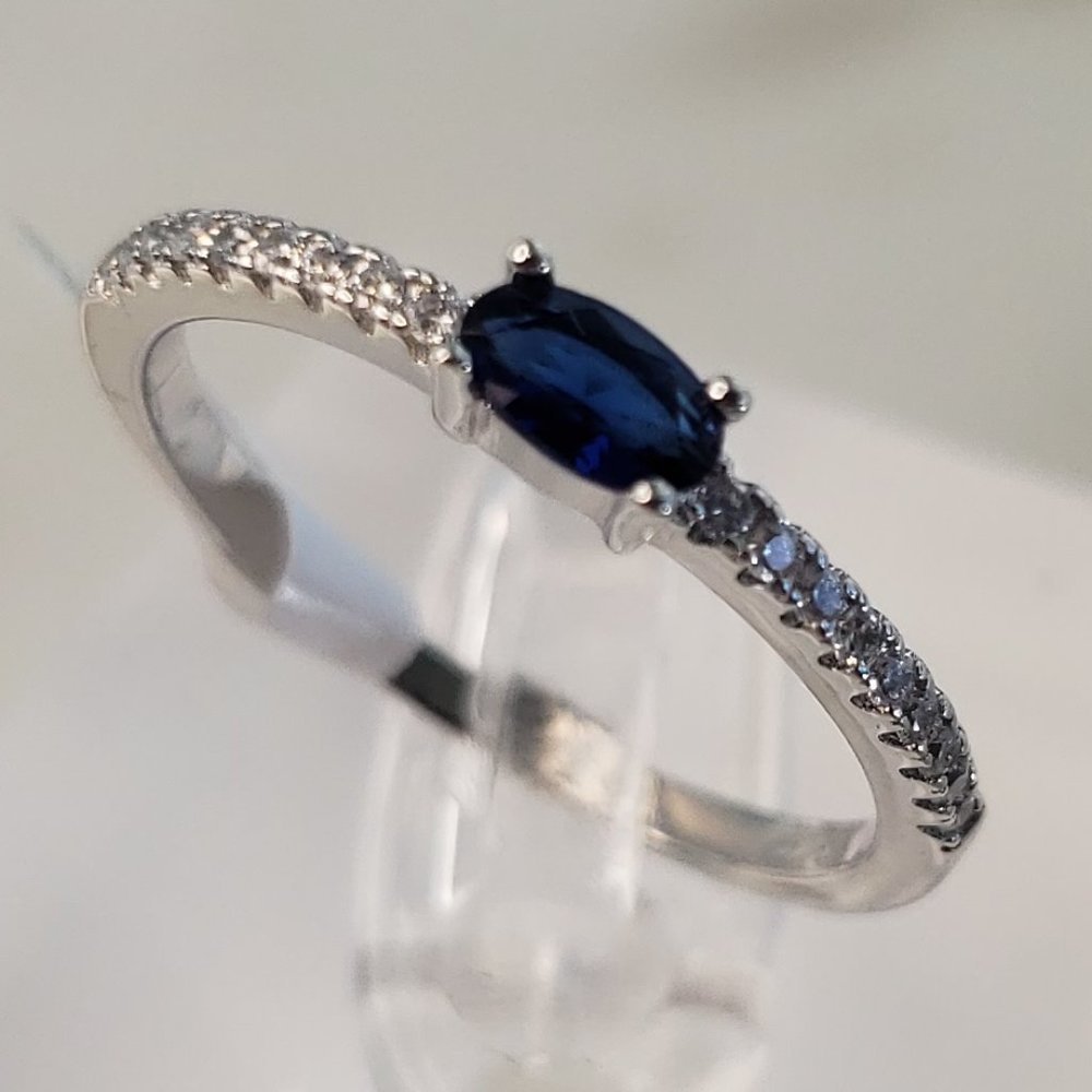 Rhodium Plated Sterling Silver Sapphire Ring